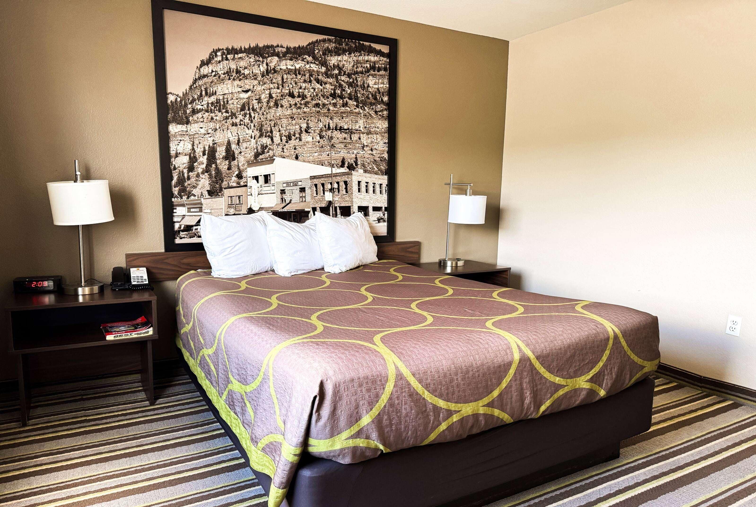 A hotel room with a large bed, two bedside tables with lamps, a framed picture on the wall, and a striped carpet.