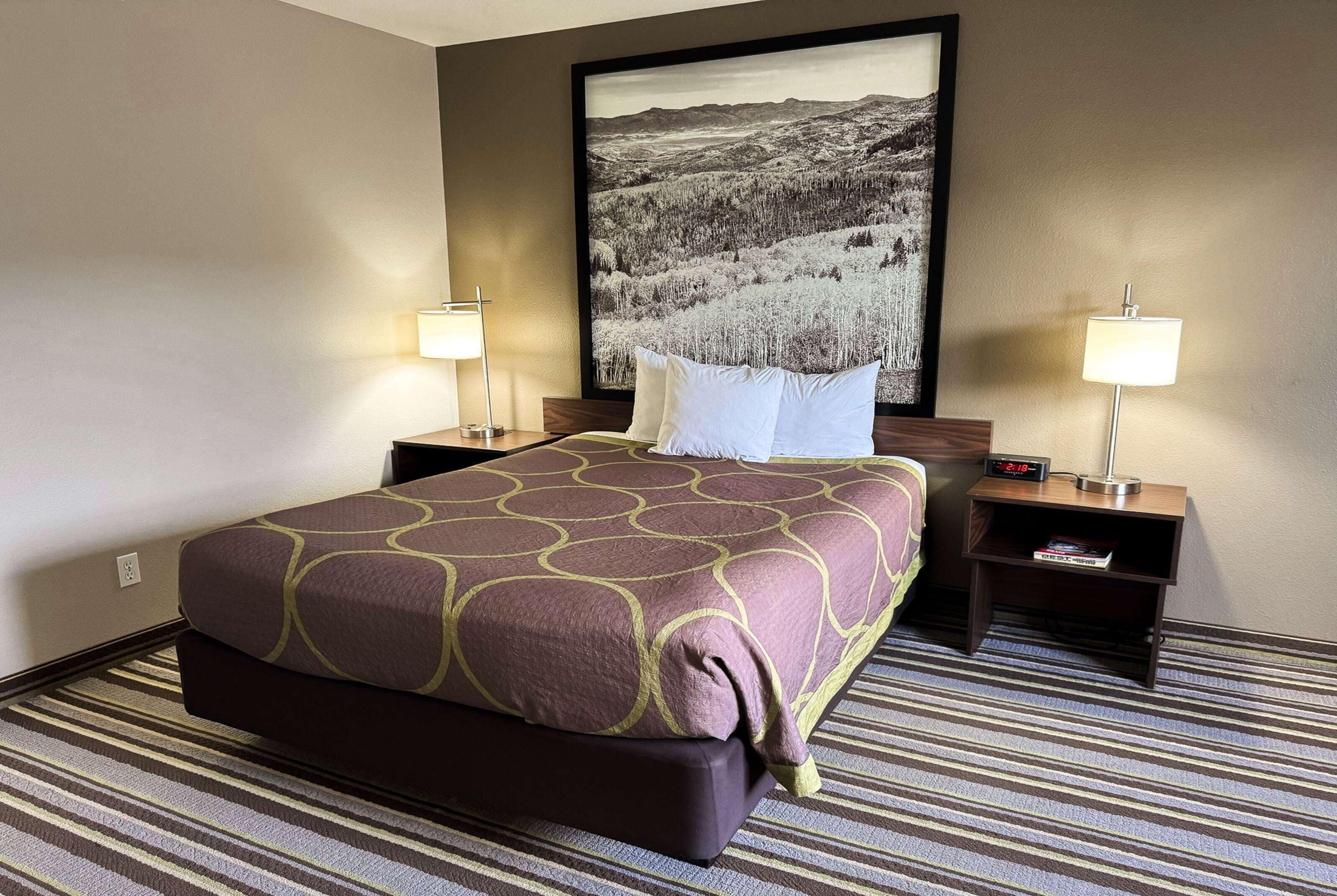 A hotel room with a large bed, two bedside tables, a nightstand, a framed landscape picture, and two lamps.