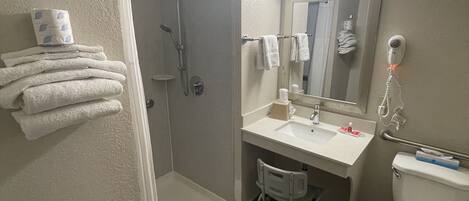 Un baño con ducha, inodoro, lavamanos y una silla accesible para sillas de ruedas.