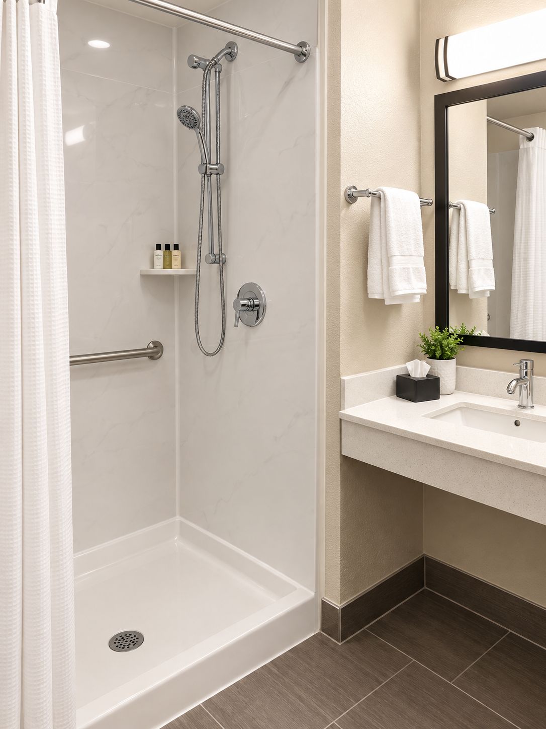 A modern bathroom with a walk-in shower, a sink, and a mirror.