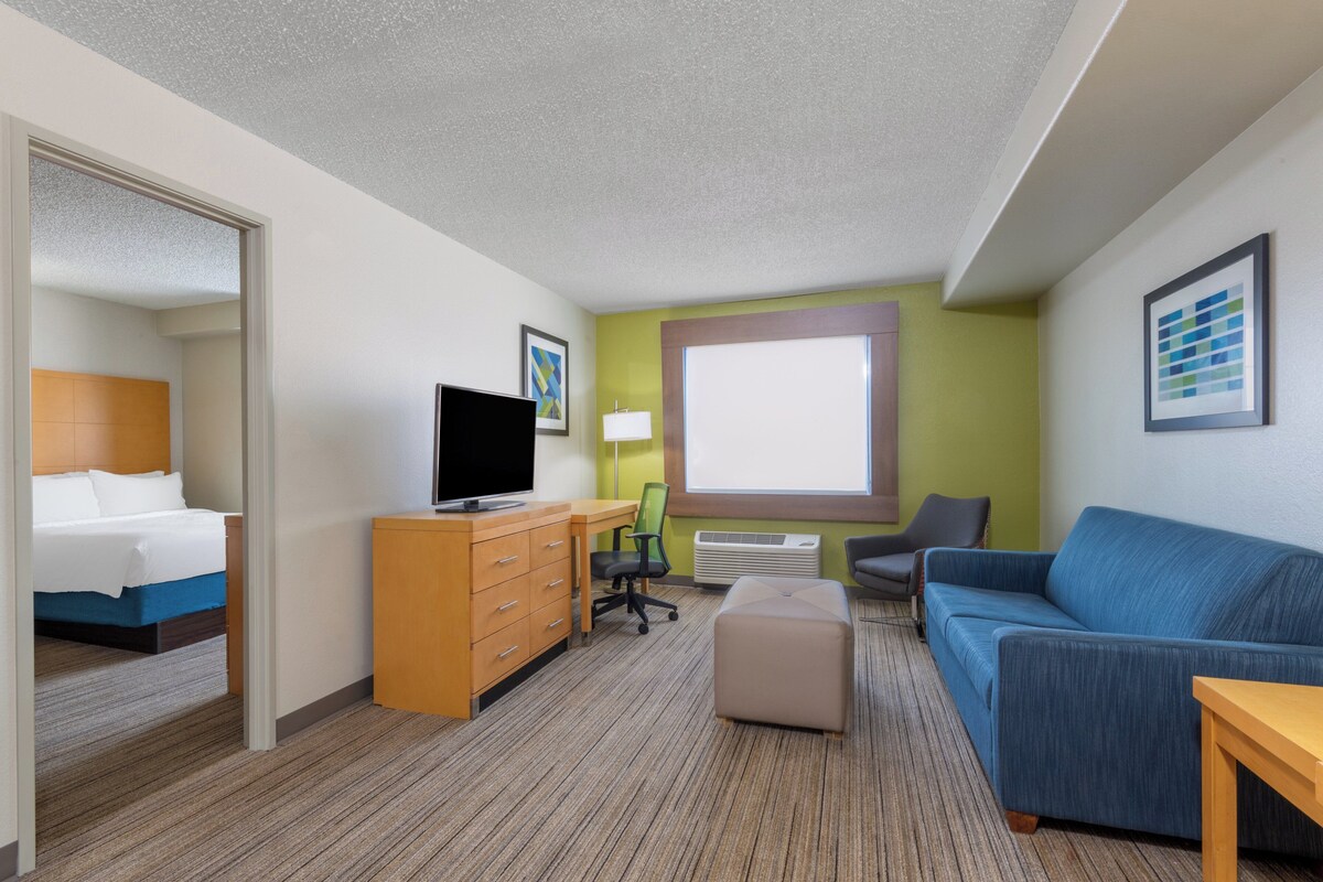 A hotel room with a bed, desk, television, chair, couch, and a window.