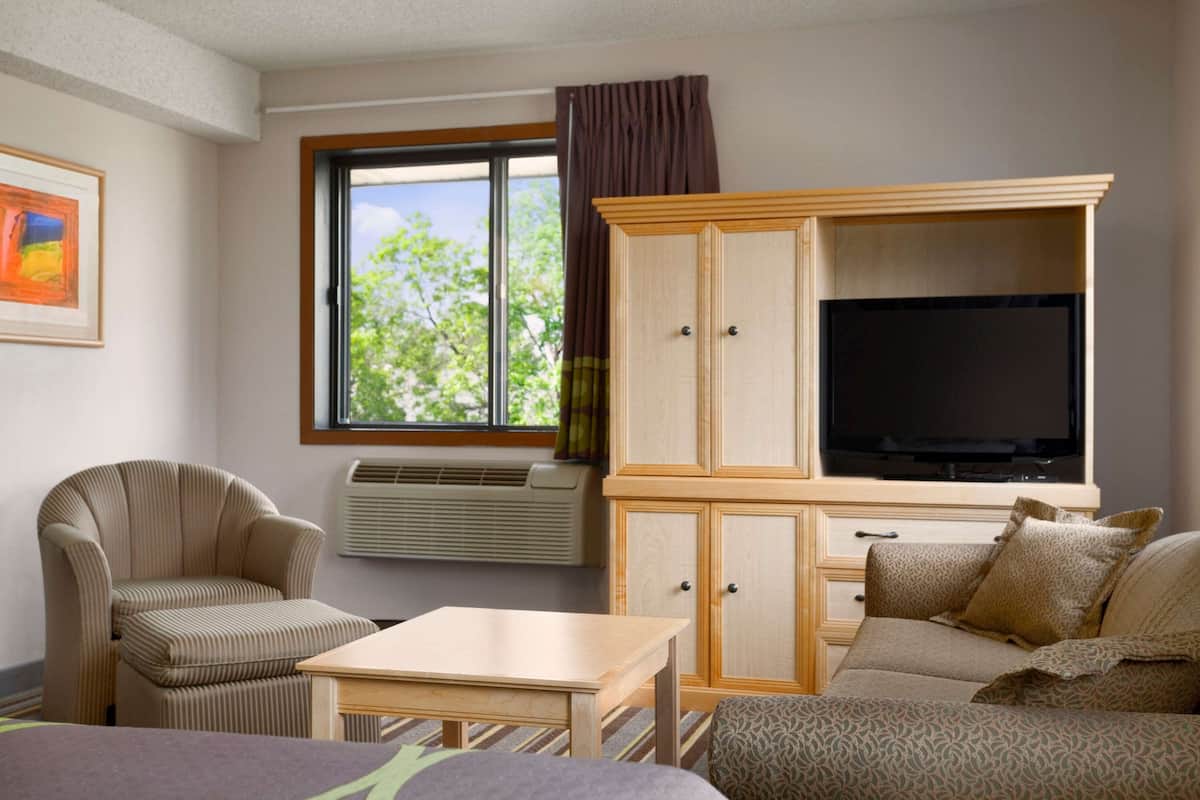 Habitación de hotel con cama, sofá, sillón, mesita, televisor y ventana con cortinas.