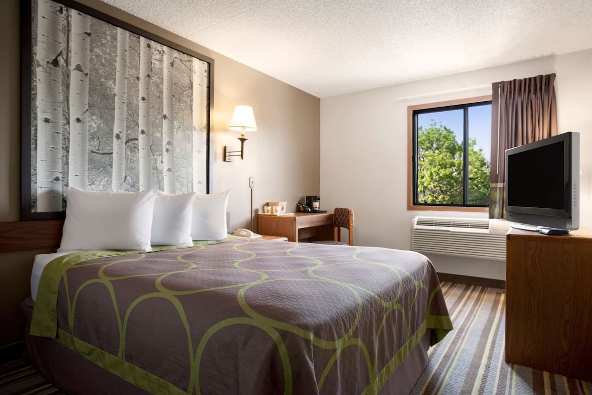 Habitación de hotel con una cama grande, un escritorio, un televisor y una ventana con cortinas.