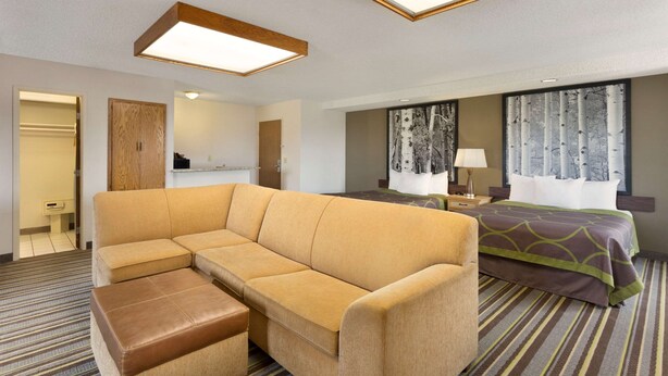 Une chambre d’hôtel avec un canapé, un lit recouvert d’une couvre-lit à motifs, une fenêtre donnant sur des bouleaux et un luminaire au plafond.