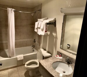 Combined shower/tub, free toiletries, hair dryer, towels