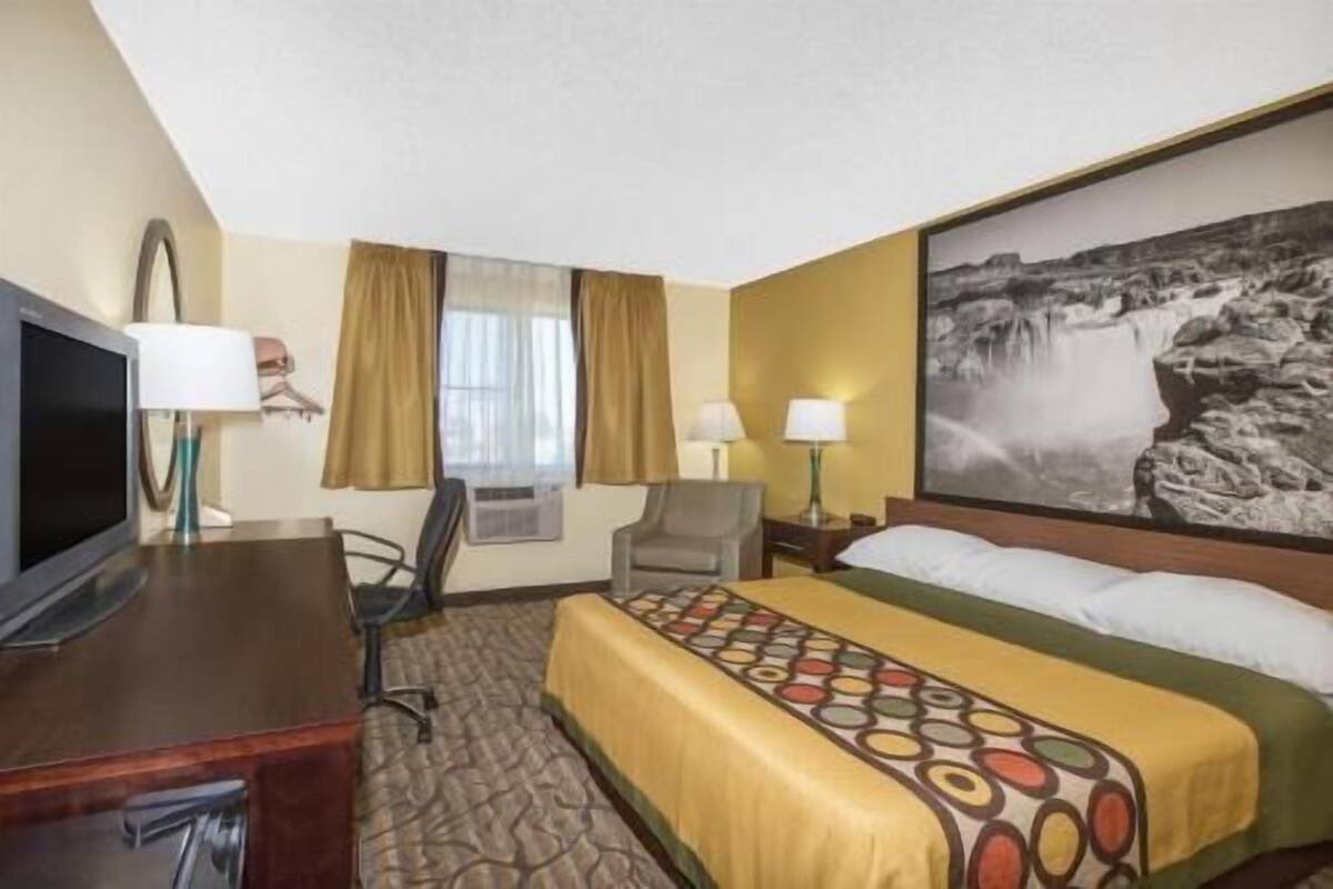 A hotel room with a bed, a desk with a television, a chair, a desk lamp, and a large framed picture on the wall.