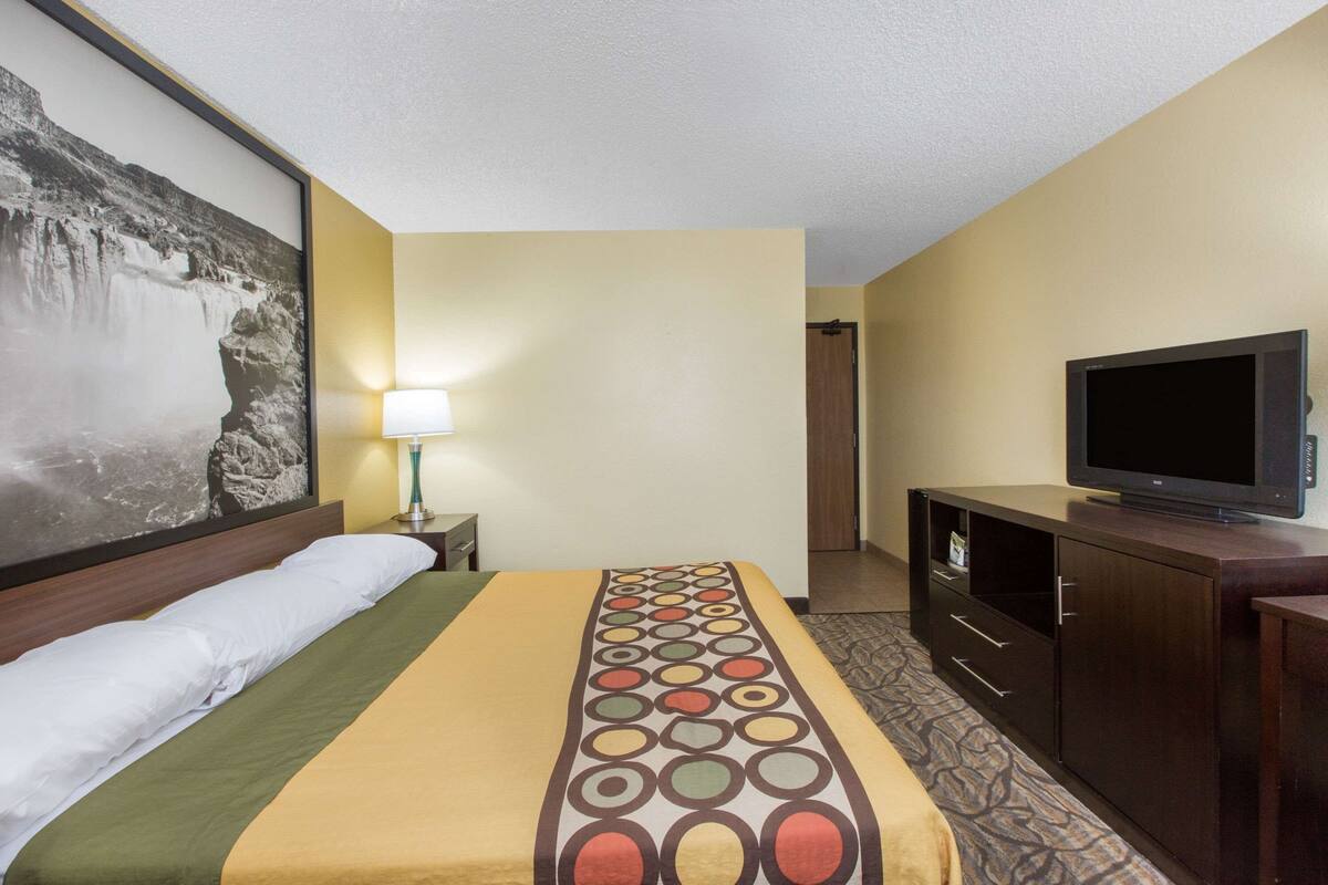 A hotel room with a bed, a television, a lamp, and a painting on the wall.