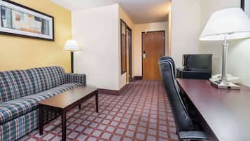 Desk, blackout drapes, iron/ironing board, free cribs/infant beds