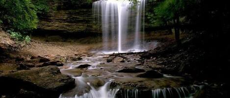 A waterfall in a forested area with rocky terrain and dense foliage.