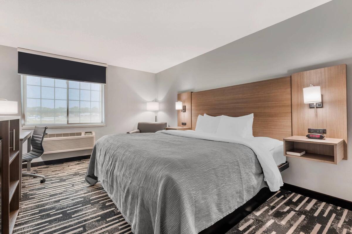 A hotel room with a large bed, a desk with a chair, a window with blinds, a heater, and a nightstand with a lamp.