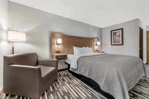 A hotel room with a bed, a chair, a nightstand, and a lamp.