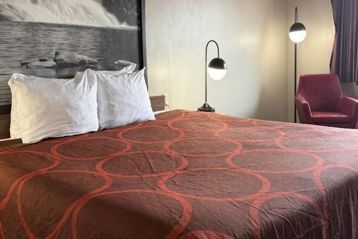 Hotellihuone, jossa on suuri sänky, kaksi tyynyä, punakuvioinen peitto, yöpöytä, lamppu, tuoli ja taulu seinällä.