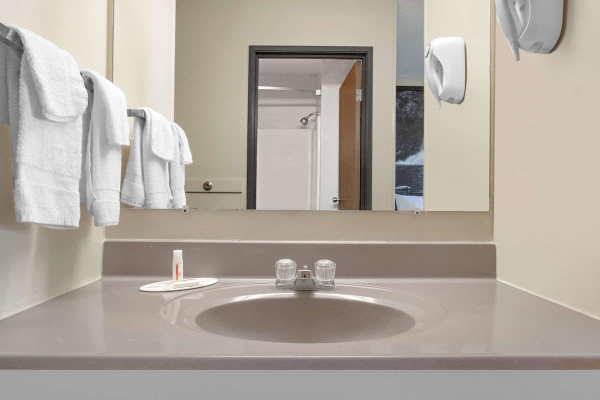 A bathroom with a sink, mirror, towels, and a door leading to a shower.