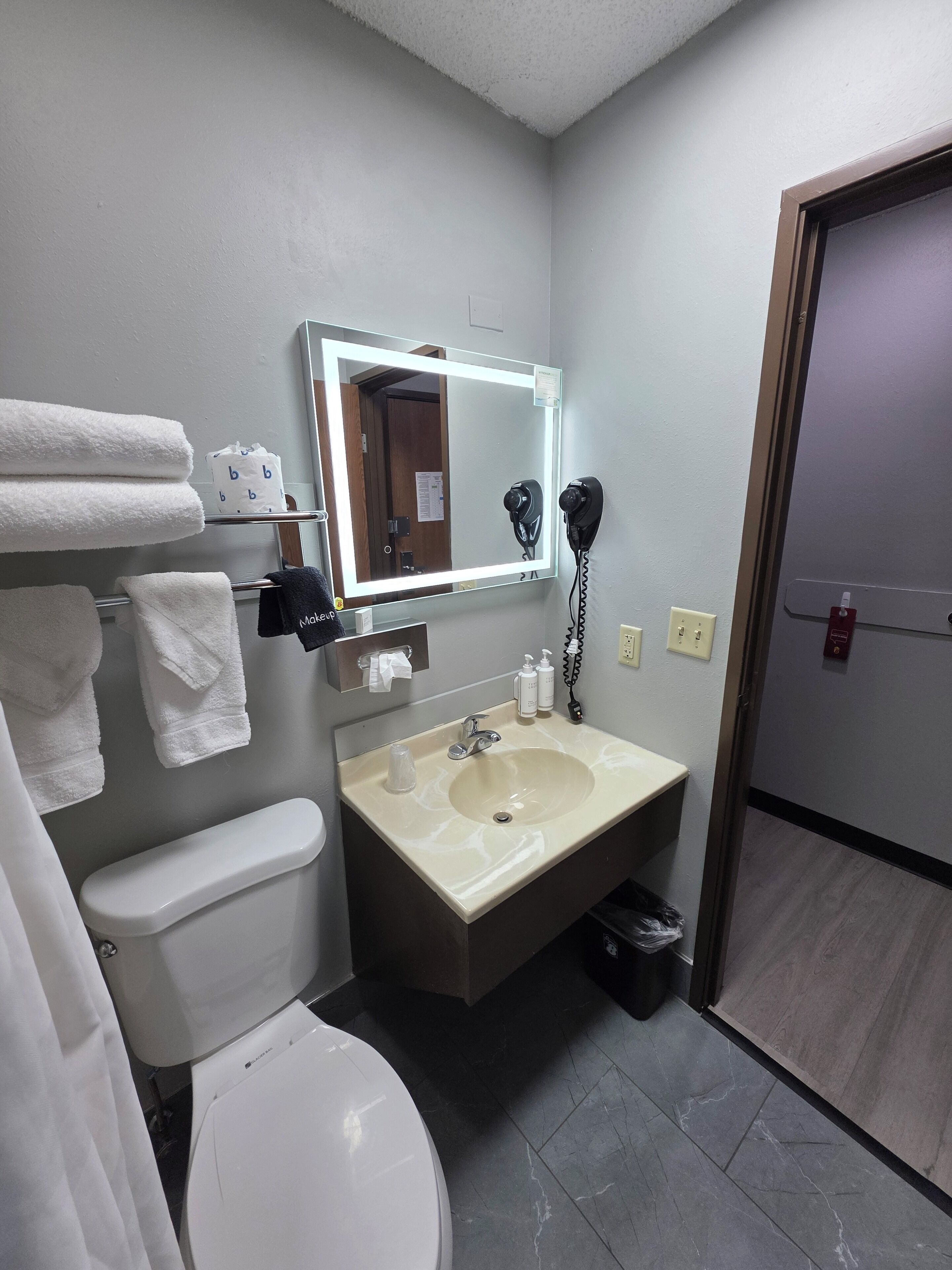 Baño con inodoro, lavamanos, espejo, toallero y secador de pelo.