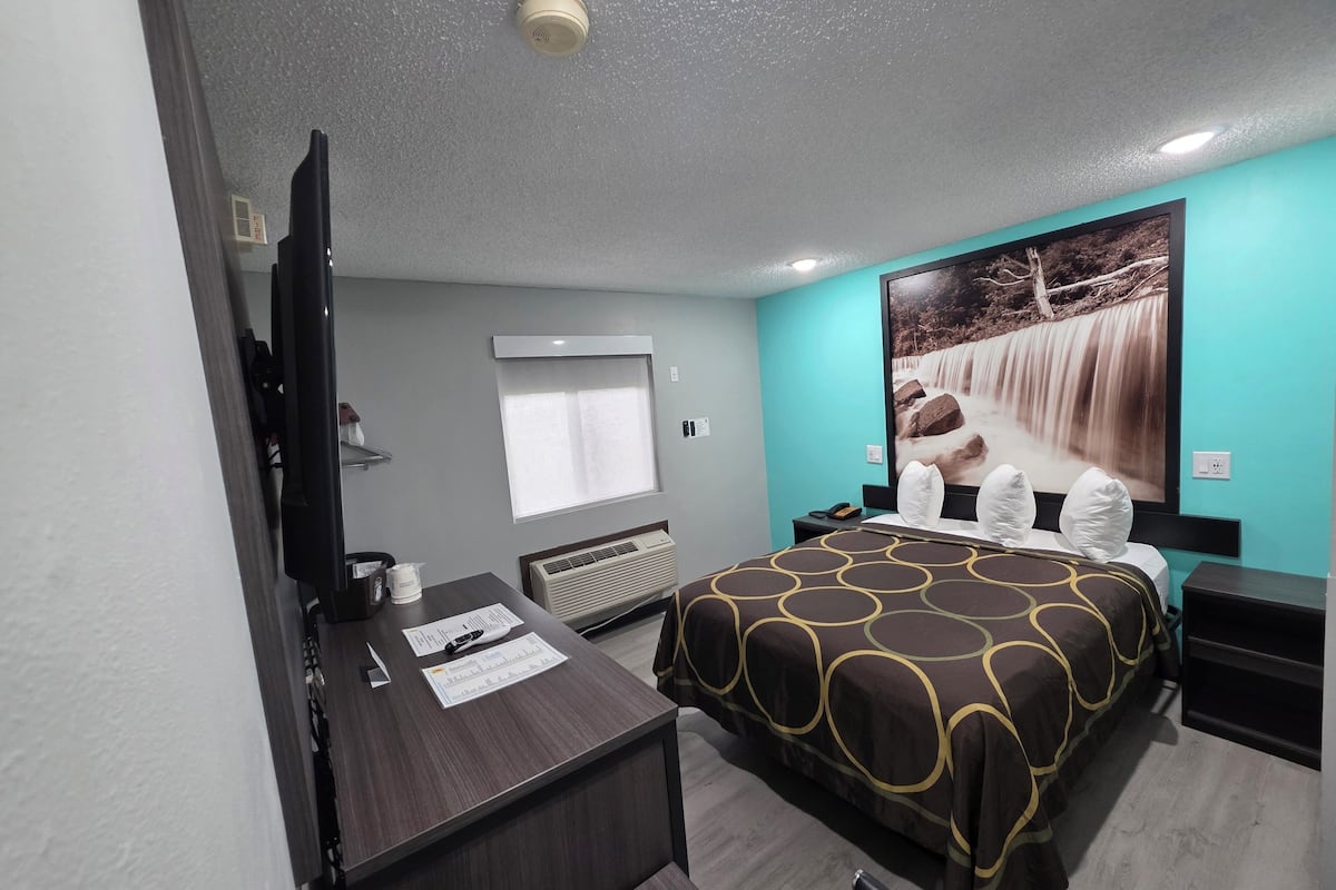 Une chambre d’hôtel équipée d’un lit, d’un bureau, d’une télévision, d’une fenêtre et d’un climatiseur fixé au mur.