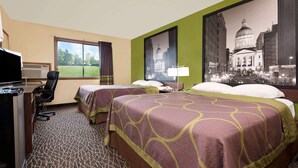 A hotel room with two beds, a desk, a chair, a TV, and a large window.