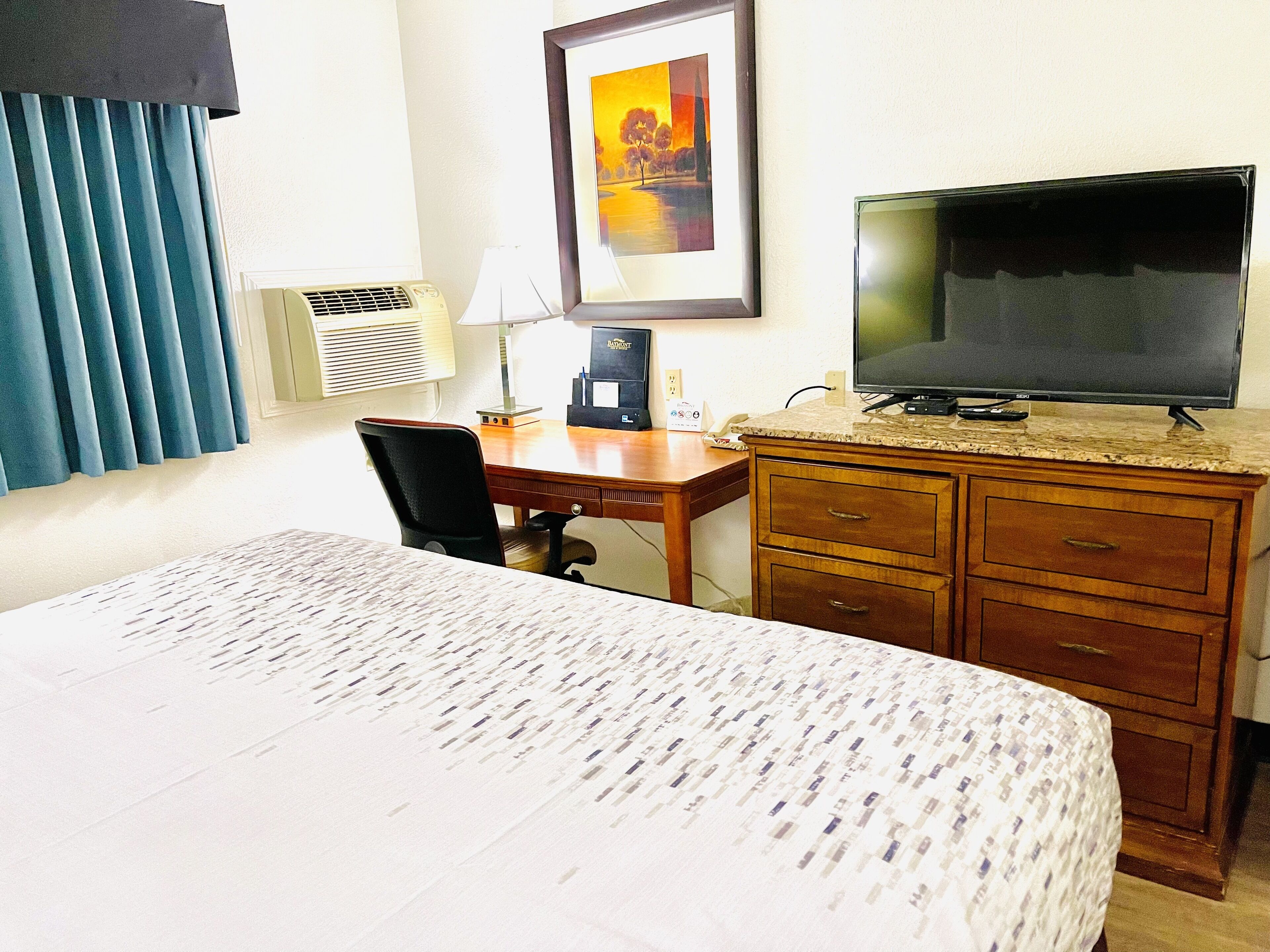Een hotelkamer met een bed, een bureau met een computer, een televisie en een schilderij aan de muur.