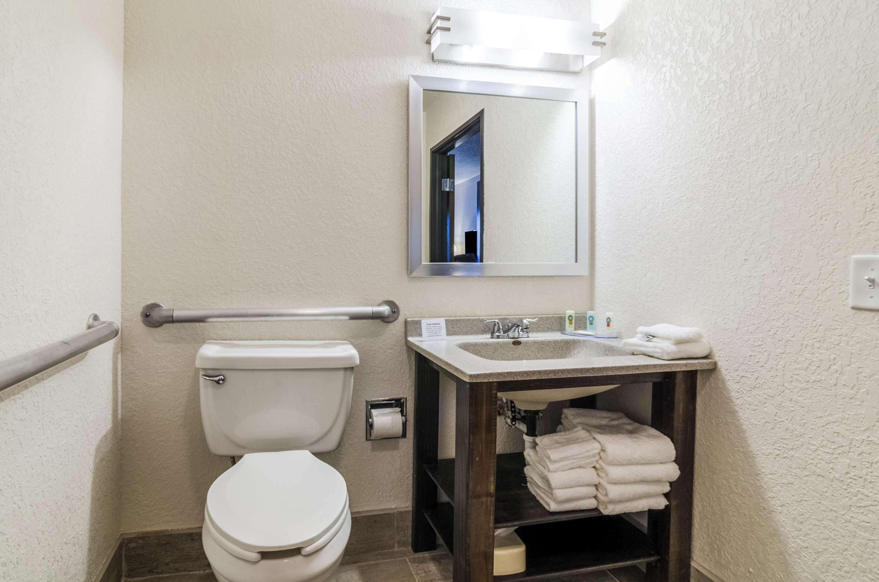 Un bagno con il water, un lavandino, uno specchio e un porta asciugamani.