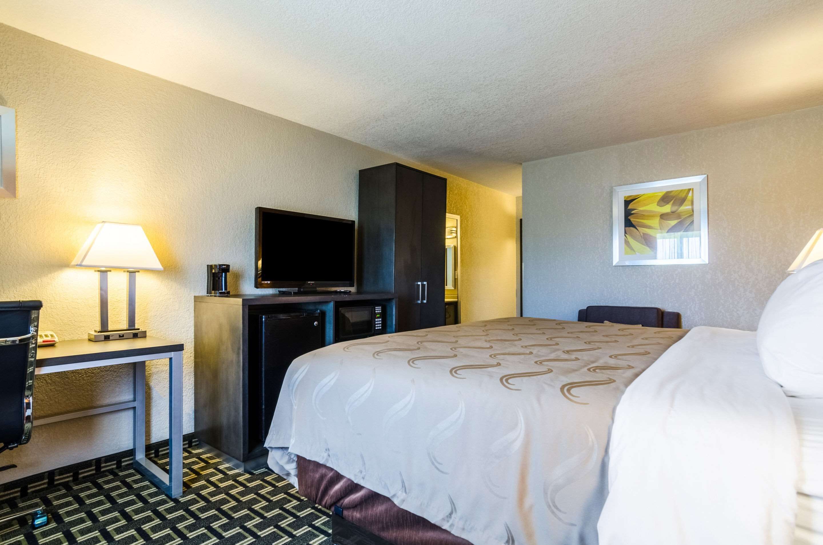 Une chambre d’hôtel comprenant un lit, un bureau avec une lampe, une télévision et un placard.
