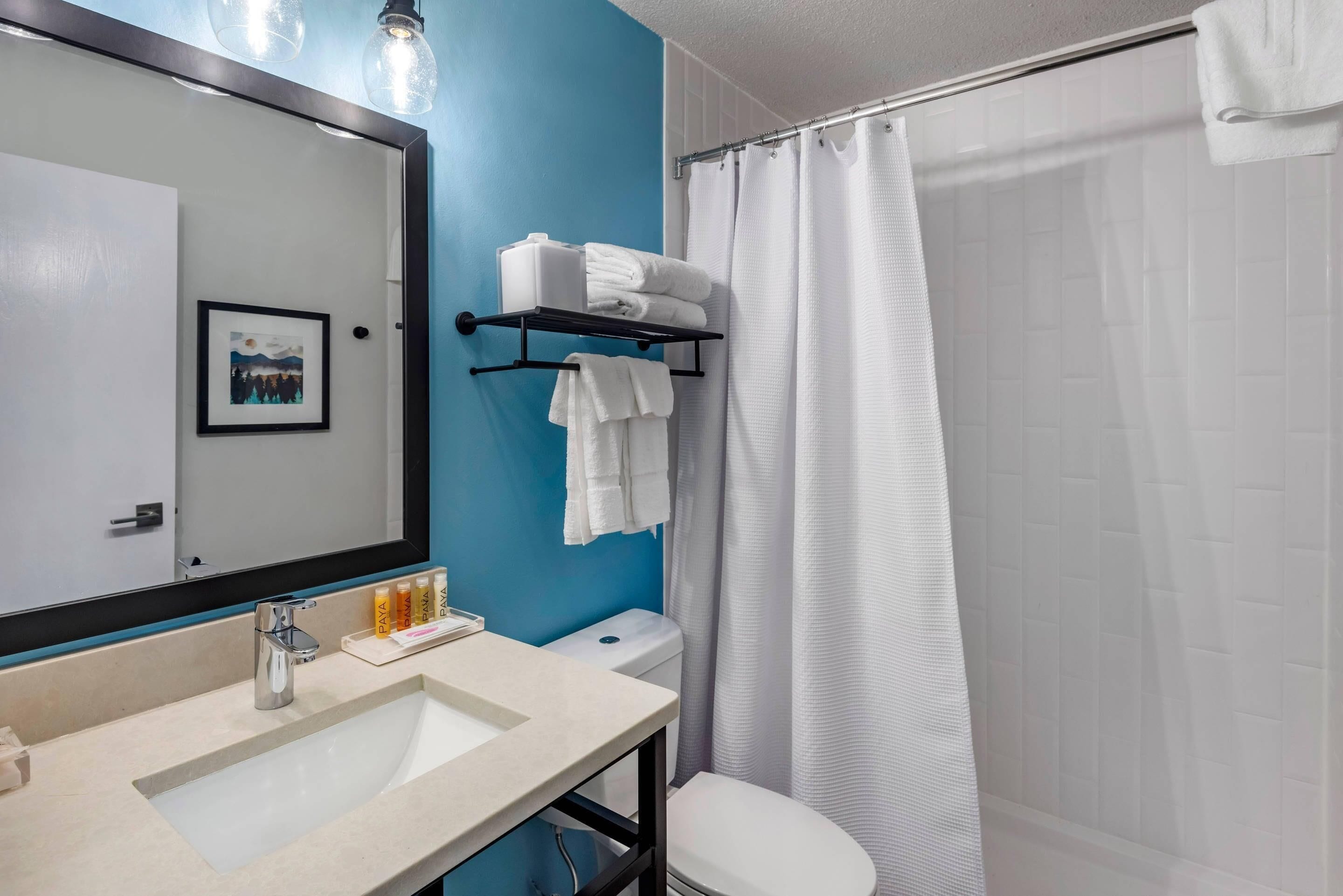 Un baño con lavamanos, espejo y cortina de ducha.