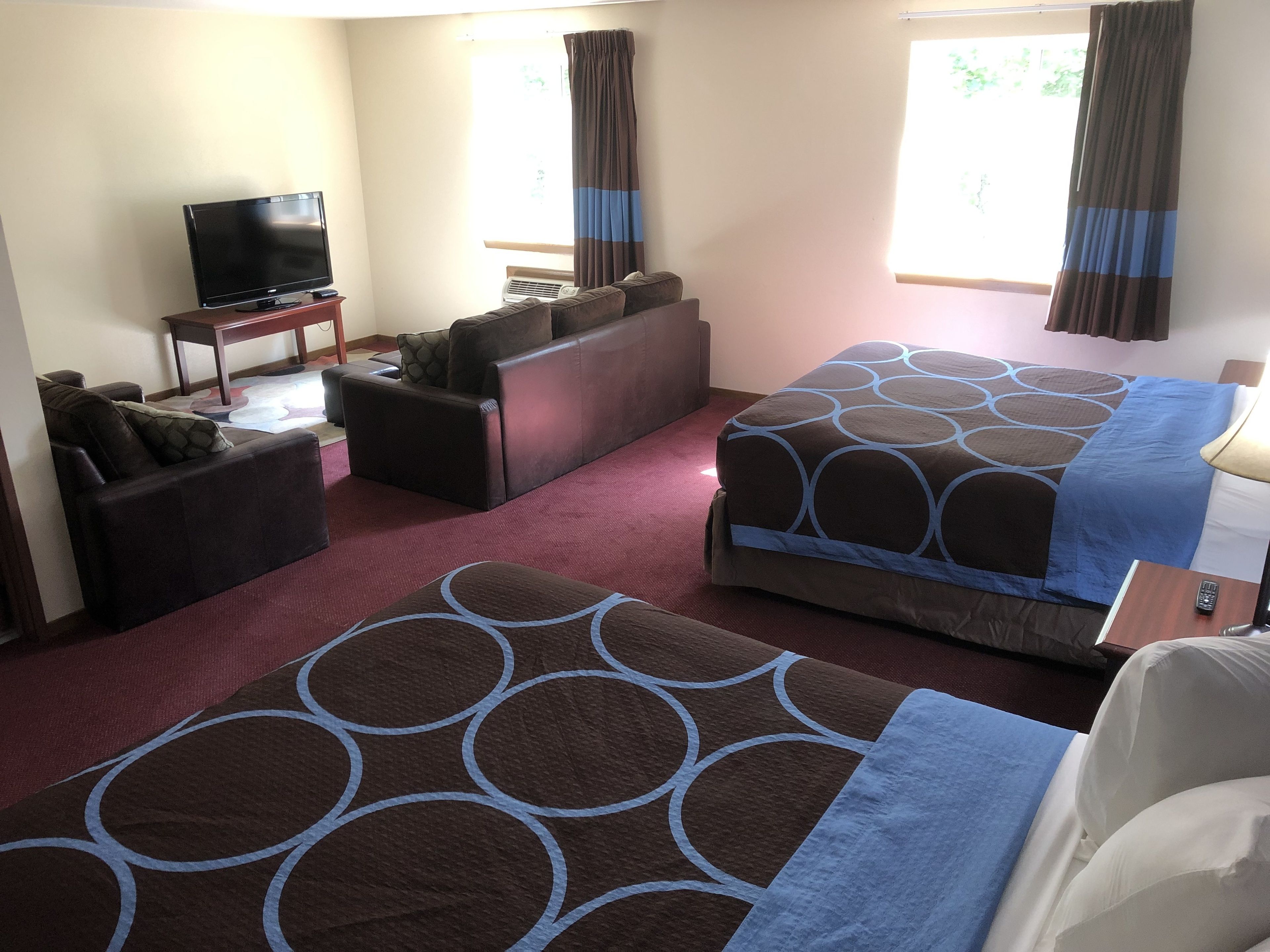 Une chambre d’hôtel avec un lit, un canapé, une télévision et un bureau.