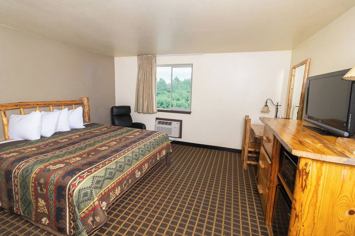 A hotel room with a large bed, a wooden desk, a television, and a window with a view of trees.