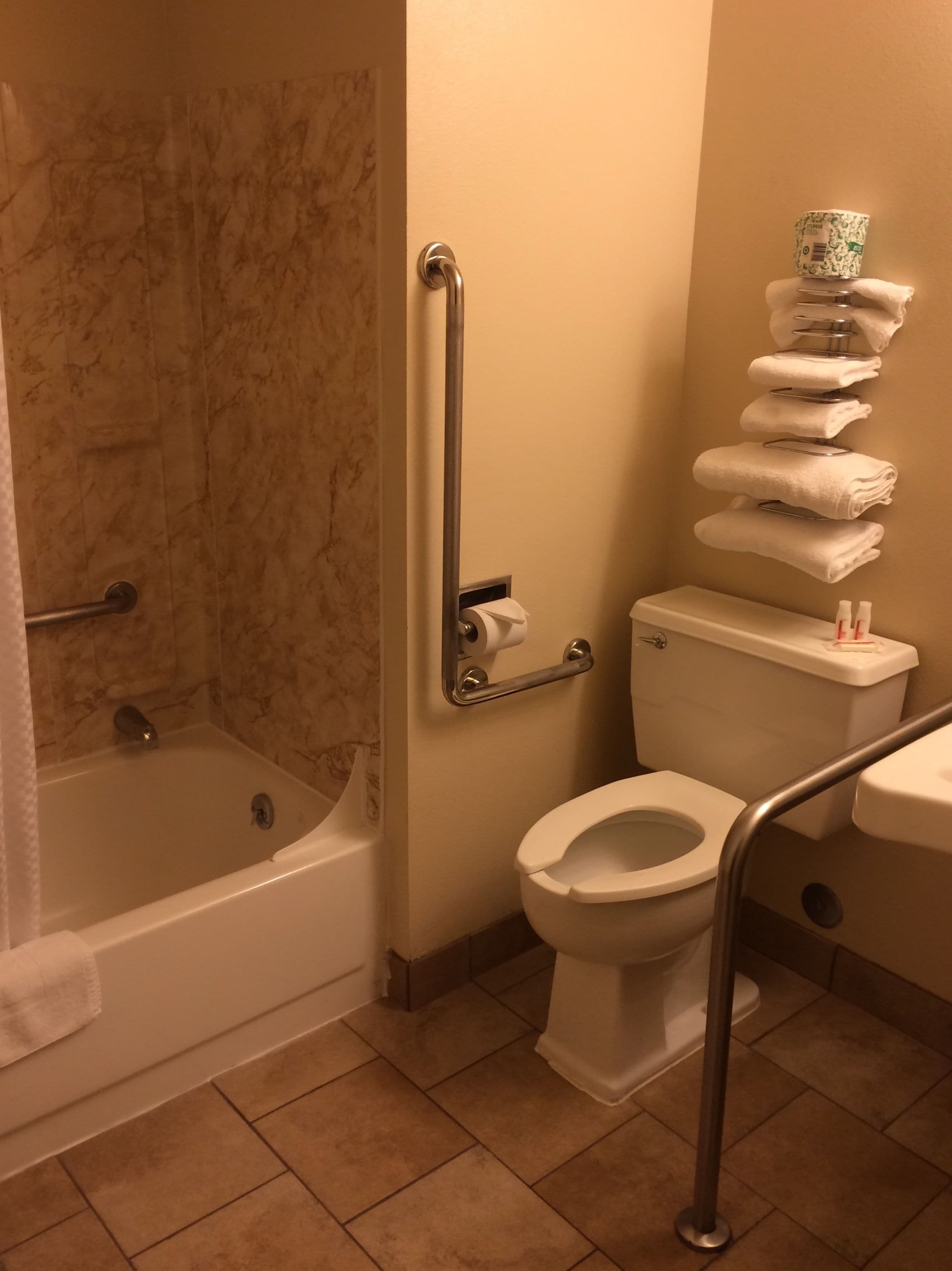 A bathroom with a bathtub, toilet, and handrails.
