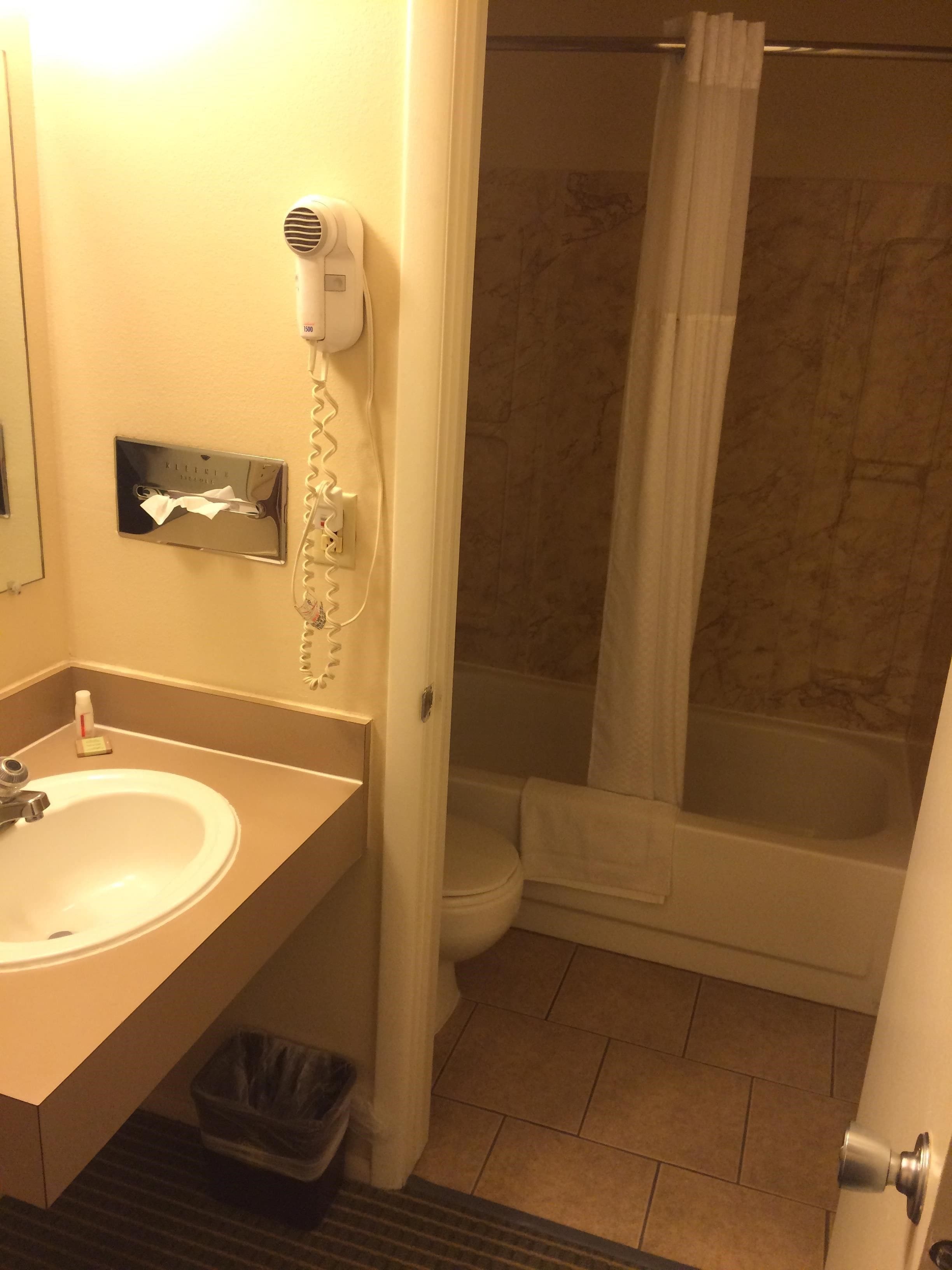 Une salle de bain équipée d’un lavabo, d’un sèche-cheveux, de toilettes et d’un rideau de douche.