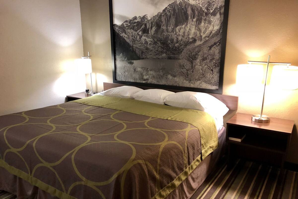 Een hotelkamer met een bed, twee bedlampen, een ingelijst foto aan de muur en een gestreept tapijt.