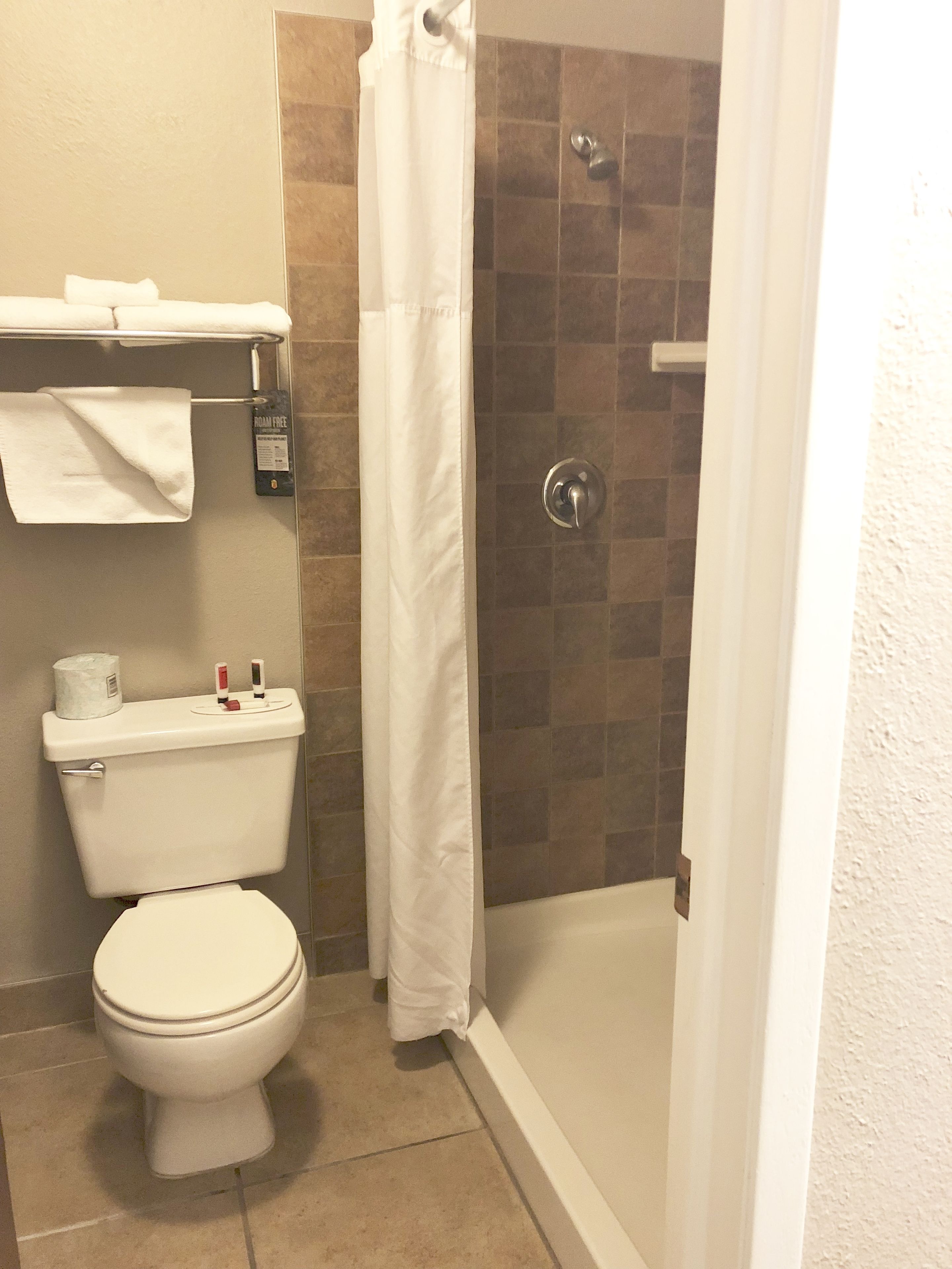 A bathroom with a toilet, a shower with a glass door, and a towel rack with a roll of toilet paper.