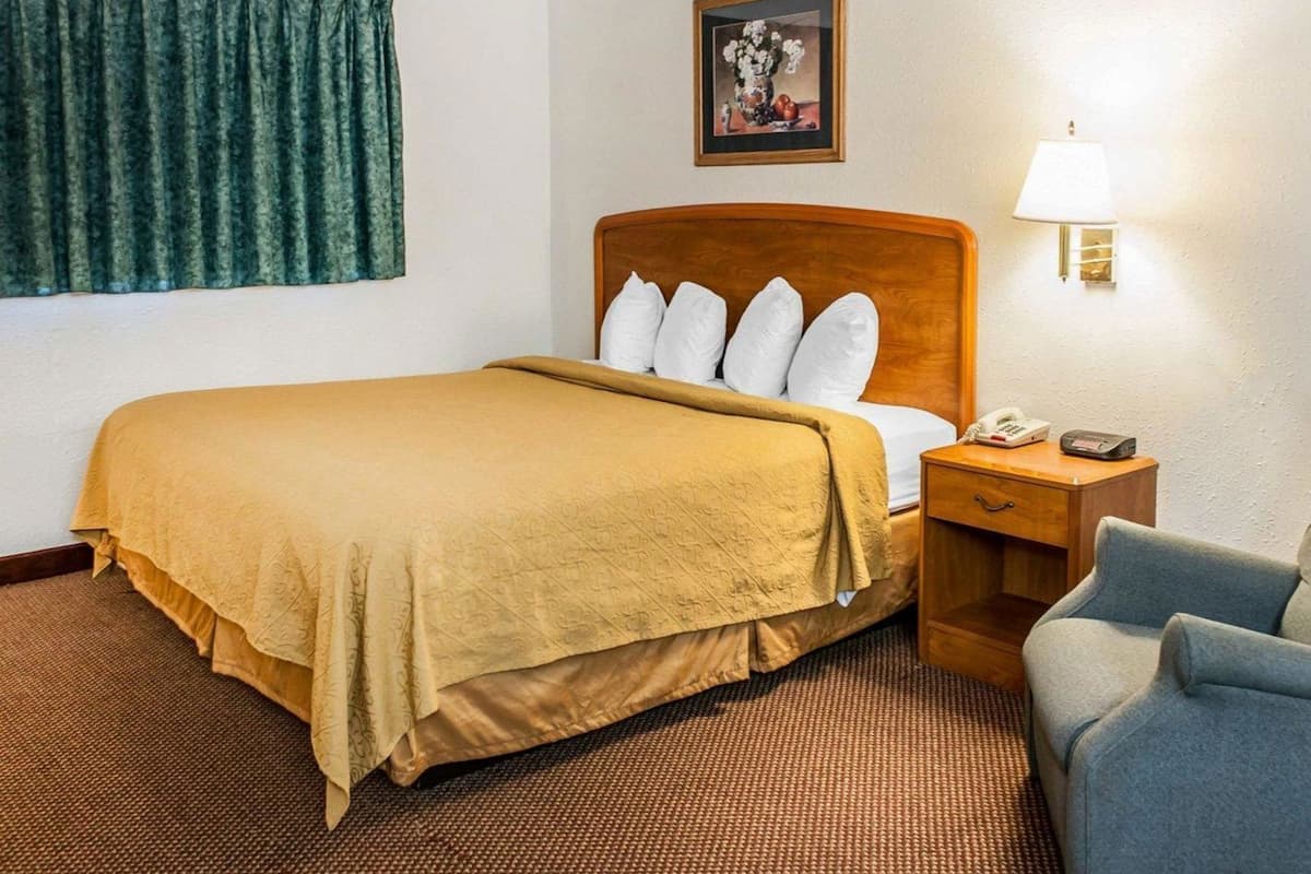 Habitación de hotel con cama, mesita de noche, lámpara, silla y un cuadro en la pared.