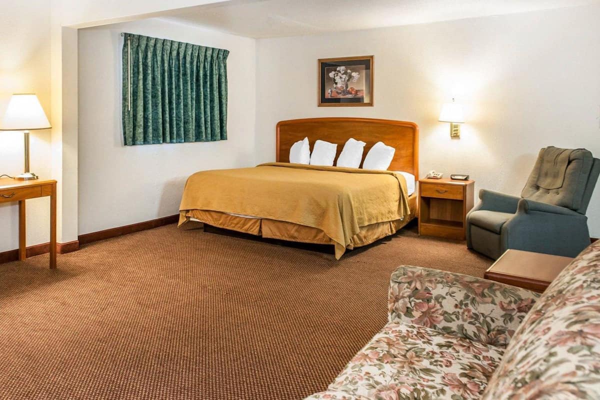 Una habitación de hotel con cama, una silla, un sofá, una lámpara, una mesita de noche y un cuadro en la pared.