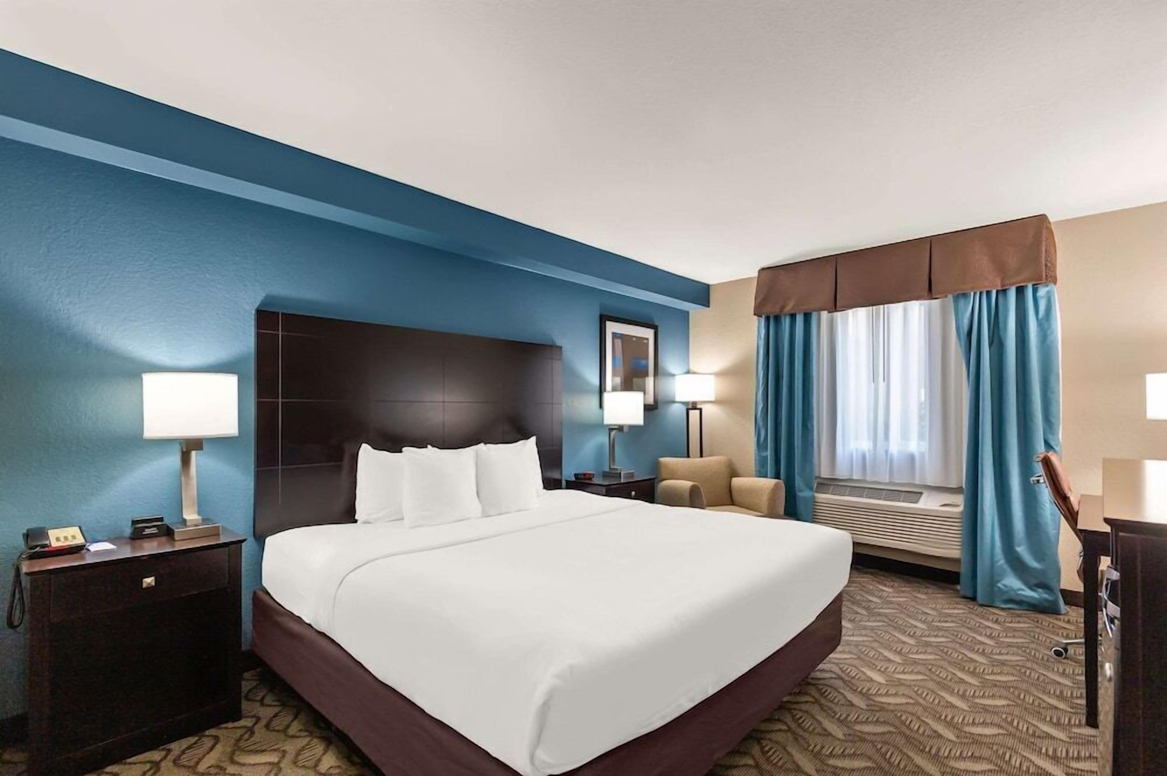 Down comforters, desk, blackout drapes, soundproofing