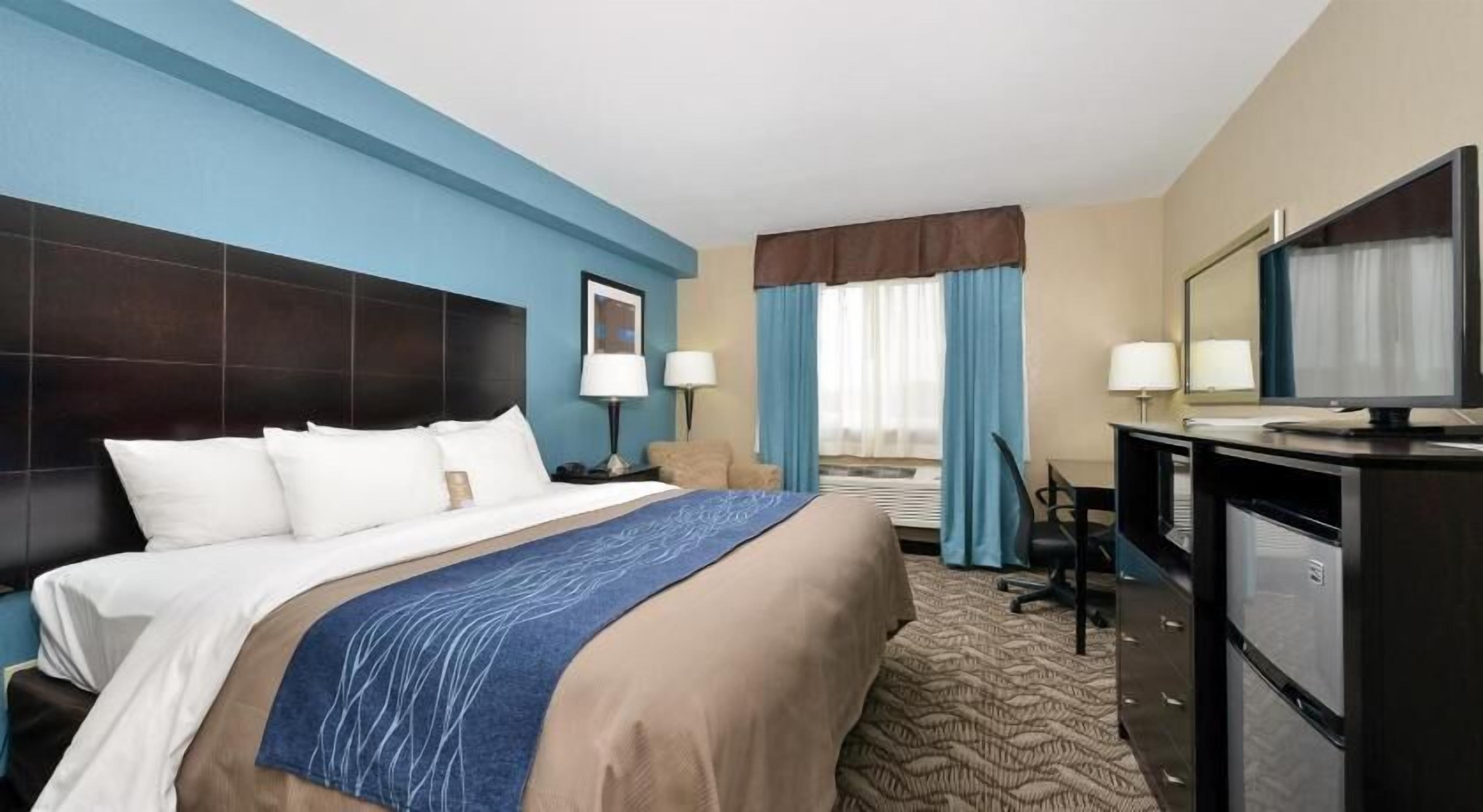 Down comforters, desk, blackout drapes, soundproofing