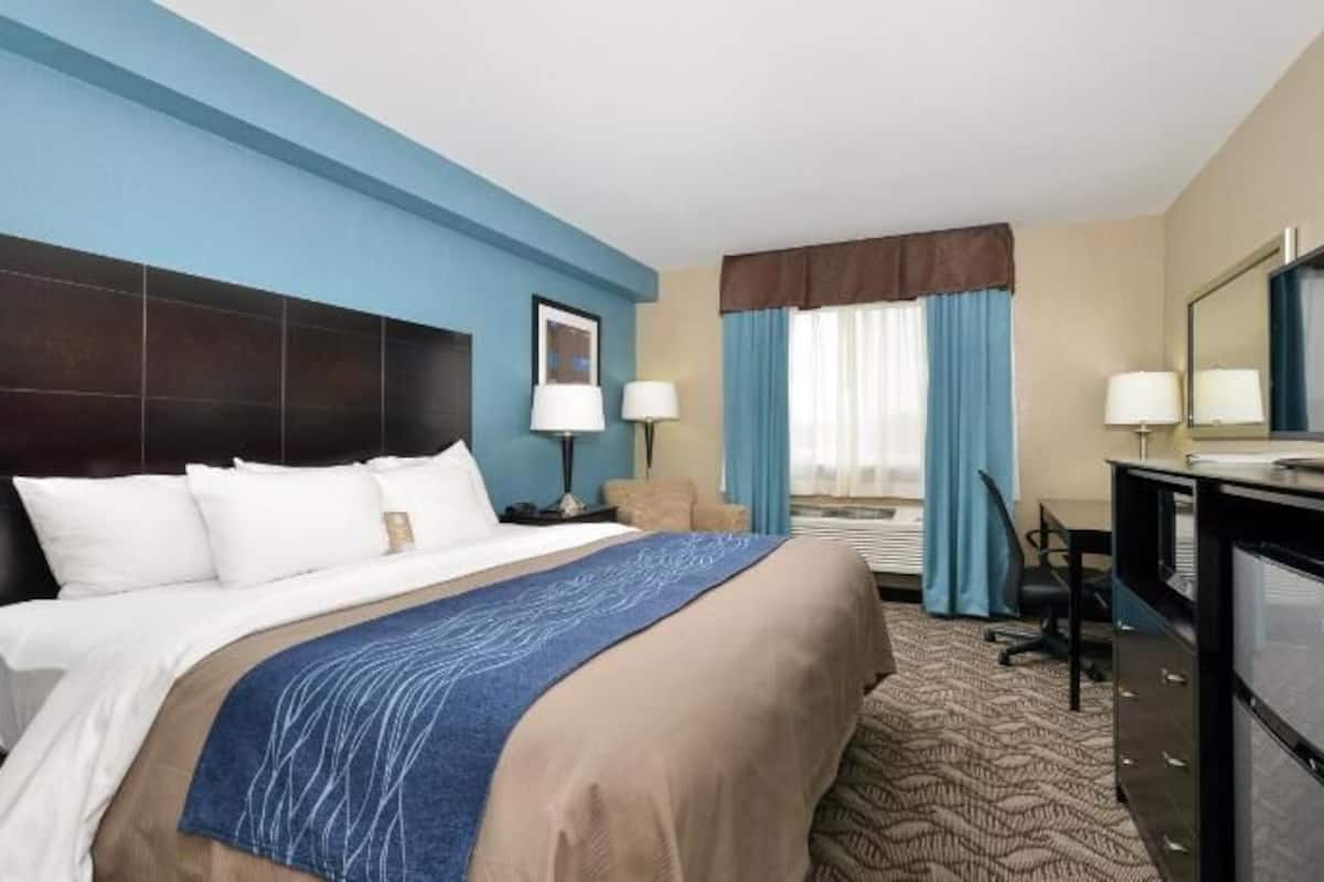 Down comforters, desk, blackout drapes, soundproofing