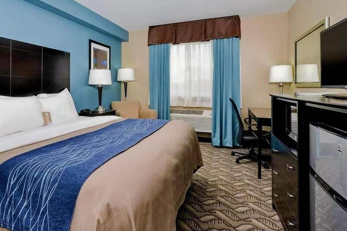 Down comforters, desk, blackout drapes, soundproofing