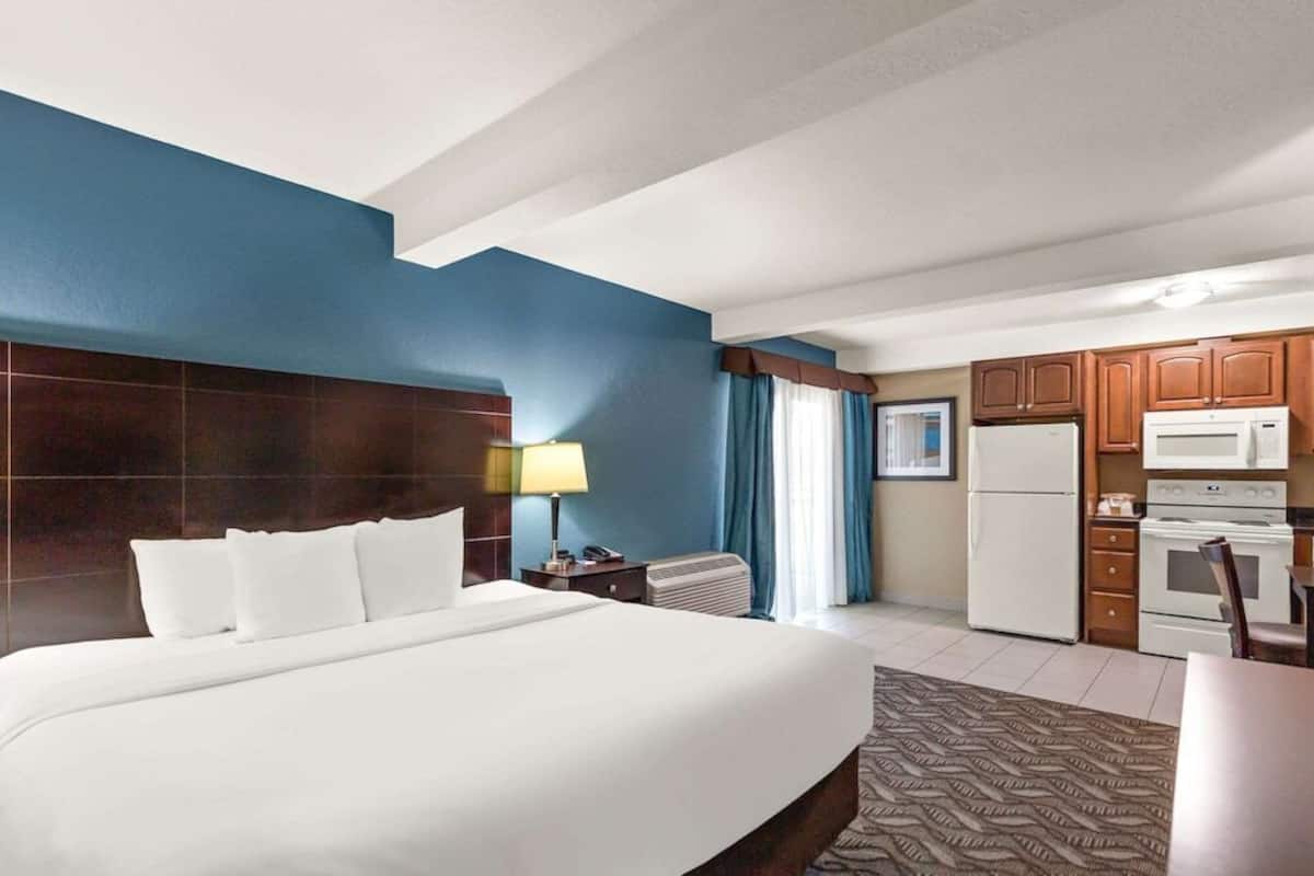 Down comforters, desk, blackout drapes, soundproofing