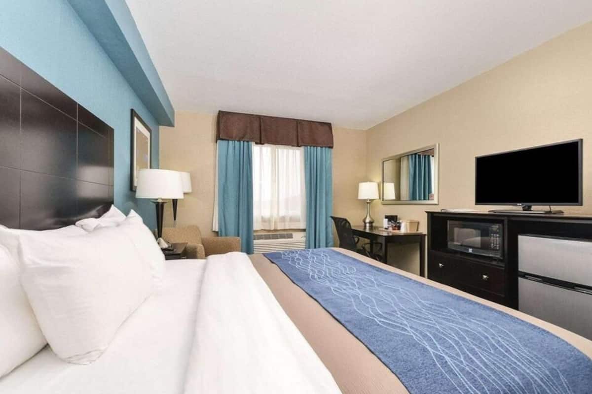 Down comforters, desk, blackout drapes, soundproofing