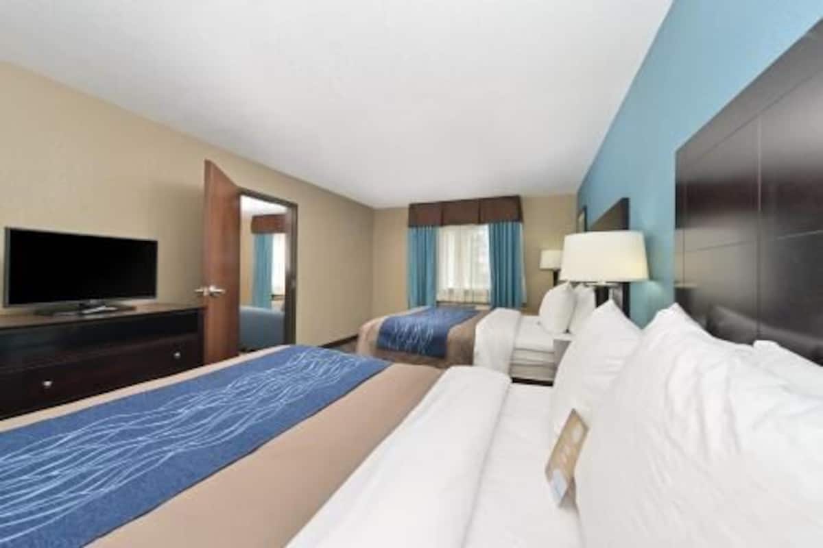 Down comforters, desk, blackout drapes, soundproofing