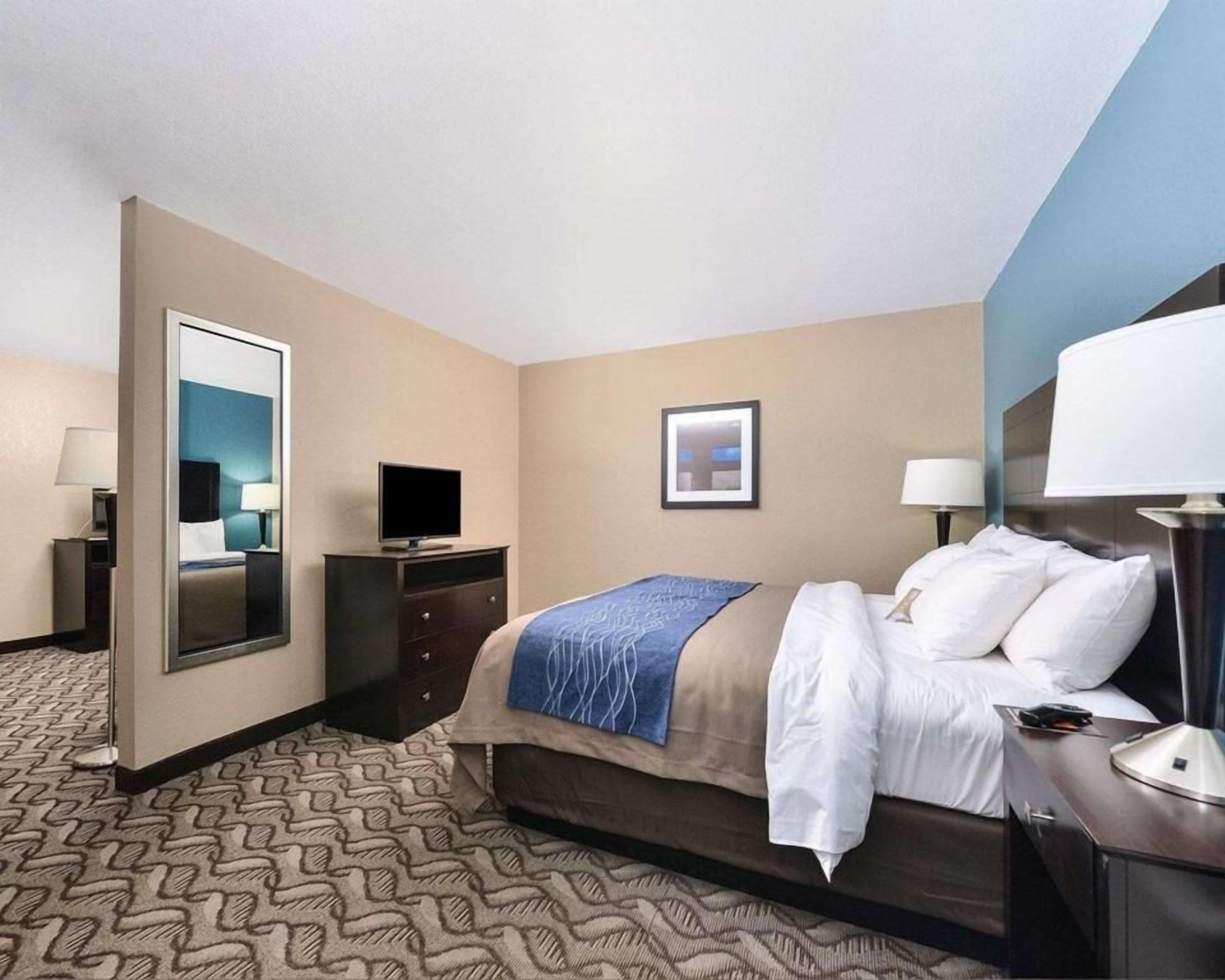 Down comforters, desk, blackout drapes, soundproofing