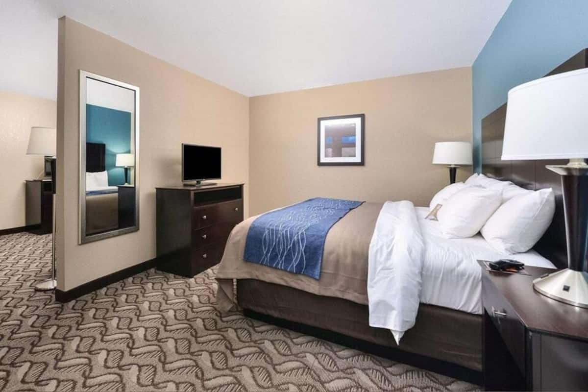 Down comforters, desk, blackout drapes, soundproofing