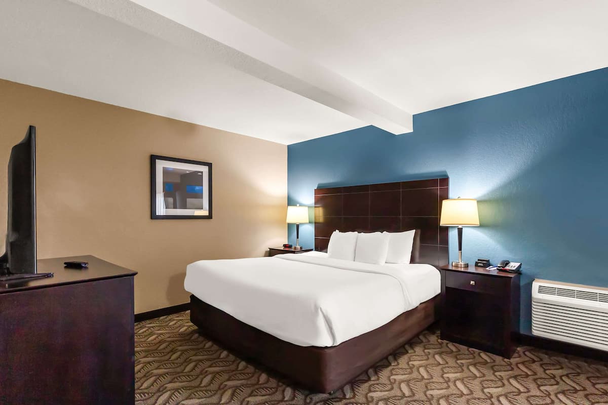 A hotel room with a large bed, two bedside tables with lamps, a flat-screen TV on a dresser, and a framed picture on the wall.