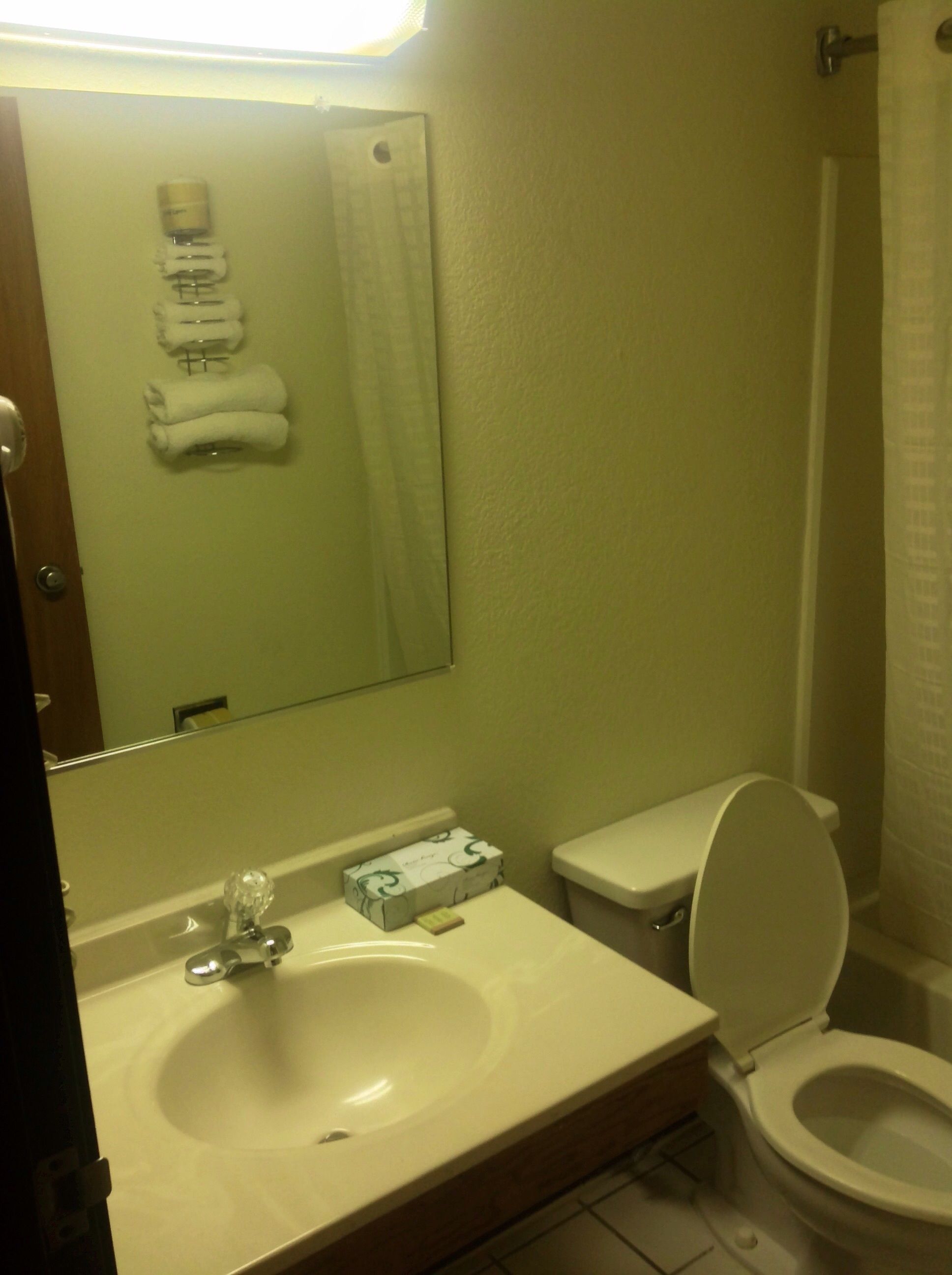A bathroom with a sink, toilet, and a mirror.