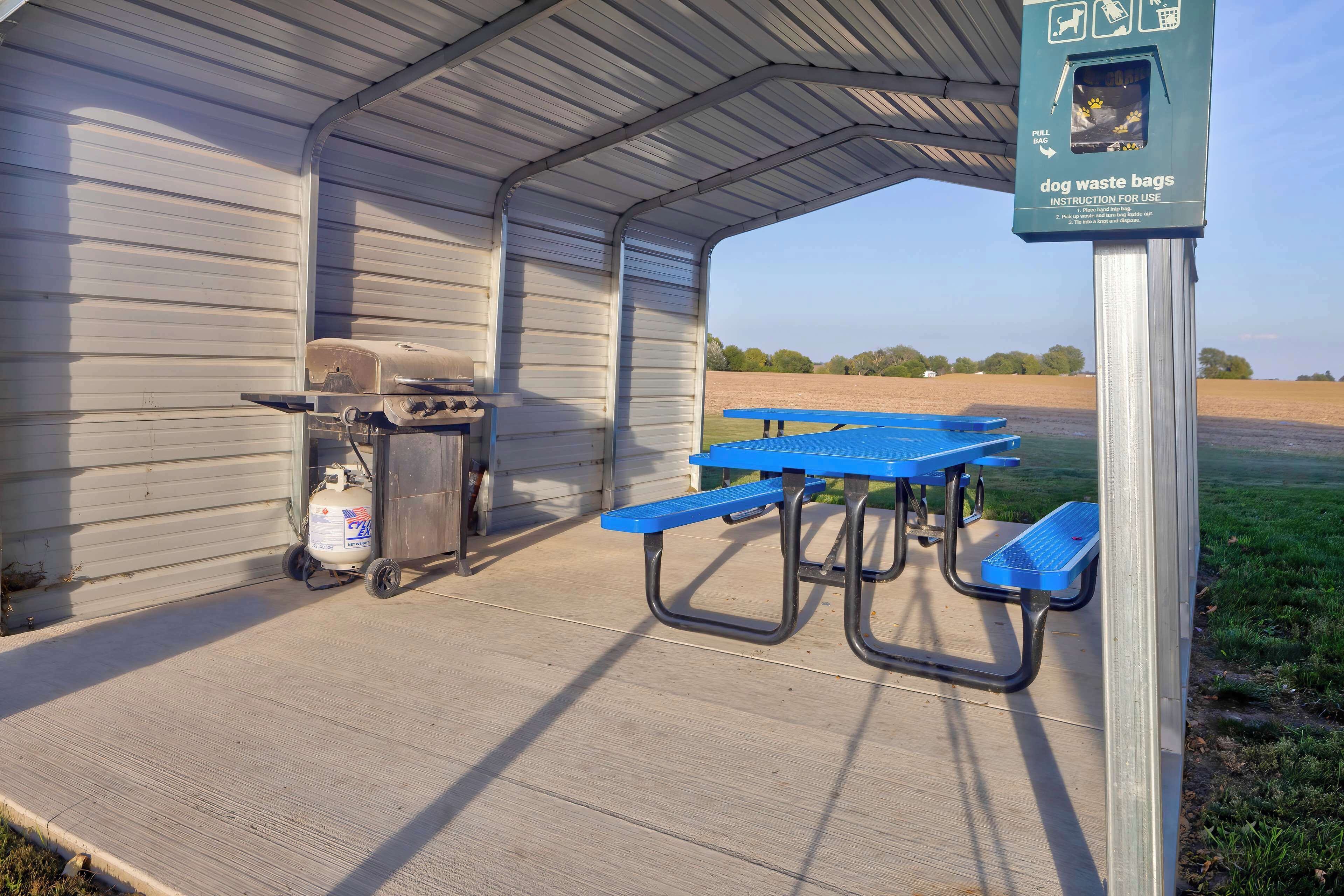 Zona de picnic techada con una parrilla, un cilindro de gas y mesas de picnic azules.