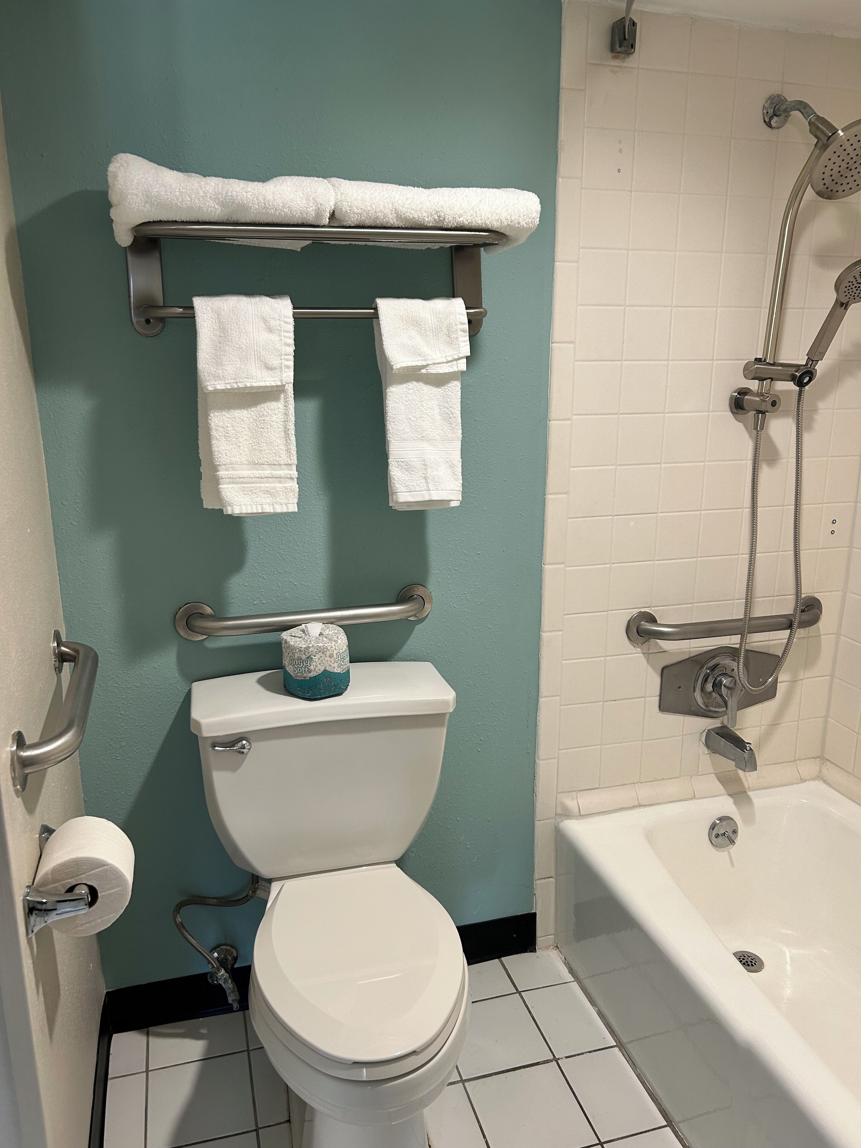 A bathroom with a toilet, a shower, and a towel rack with towels.