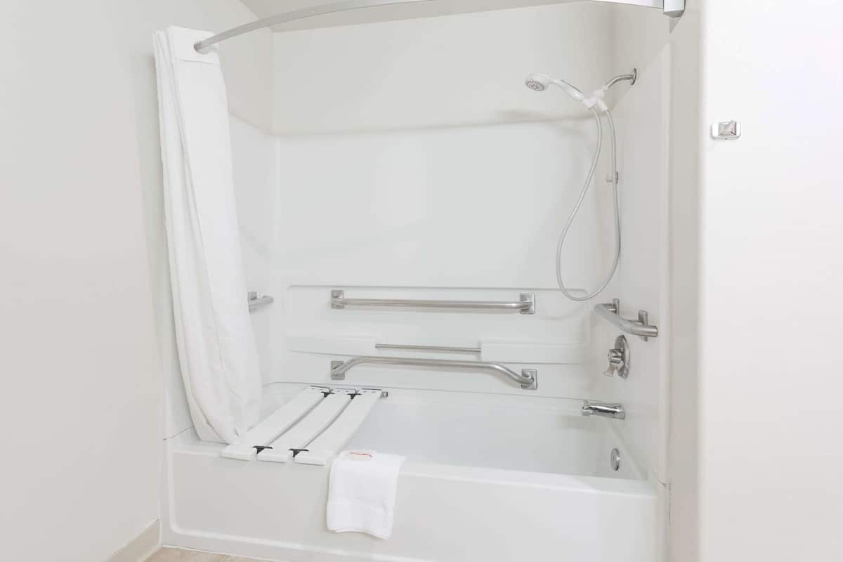 combined shower/bathtub, free toiletries, hair dryer, towels