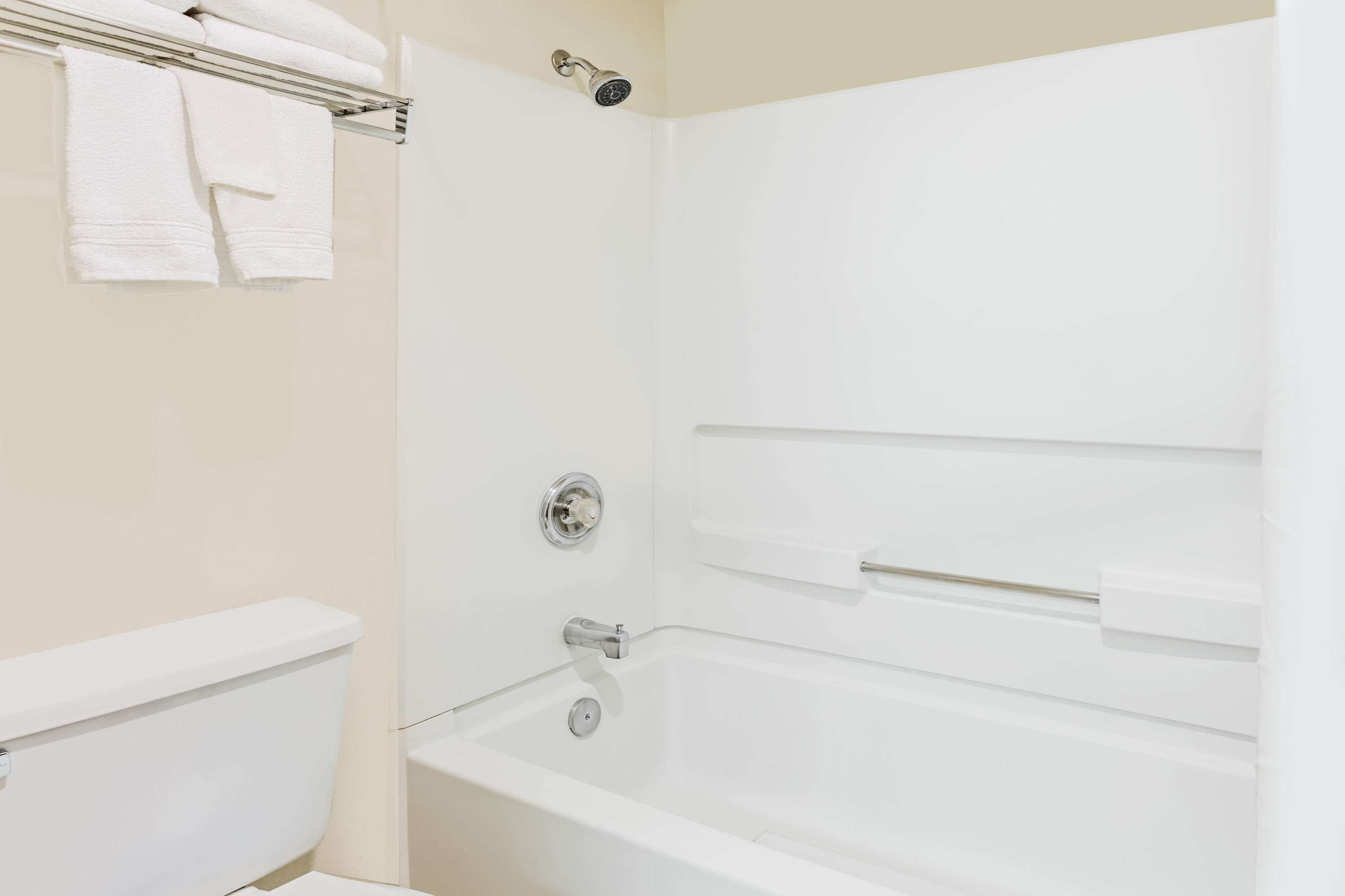 combined shower/bathtub, free toiletries, hair dryer, towels