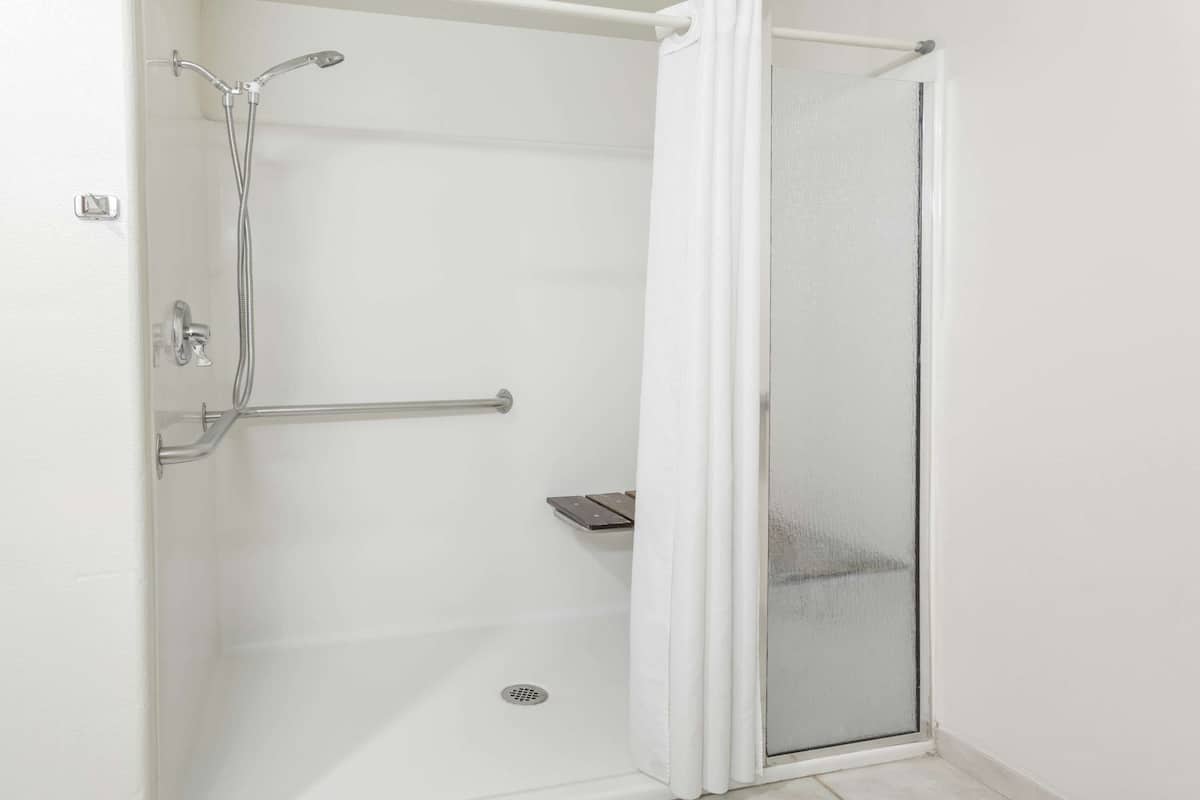 combined shower/bathtub, free toiletries, hair dryer, towels