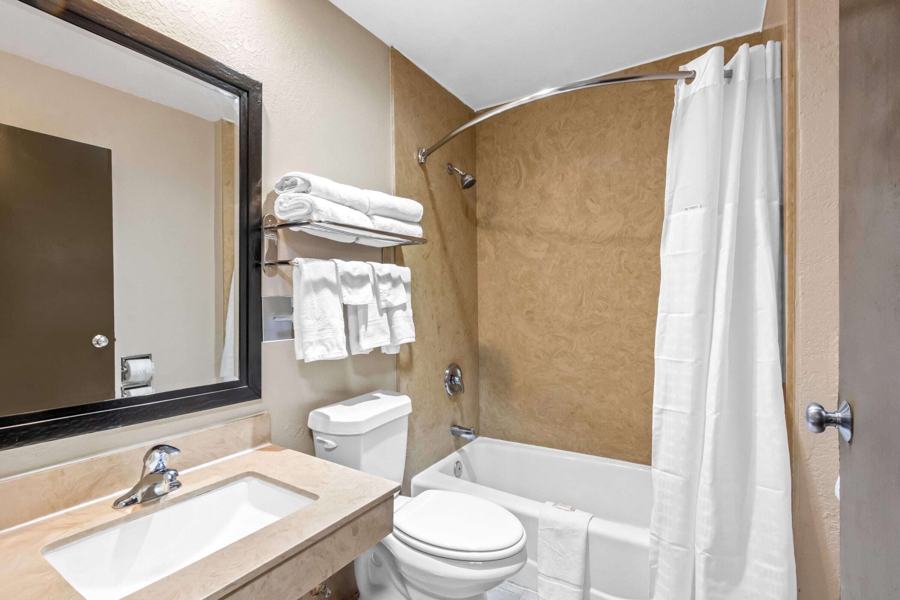 Hair dryer, towels, soap, shampoo