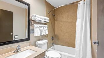 Hair dryer, towels, soap, shampoo